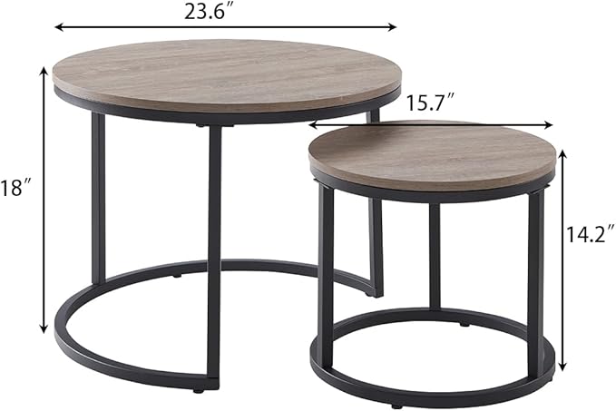 CENSI 24" Round Nesting Table, Accent Coffee Table, French Oak Grey Wood Finish, Space-Saving, Modern Industrial Style