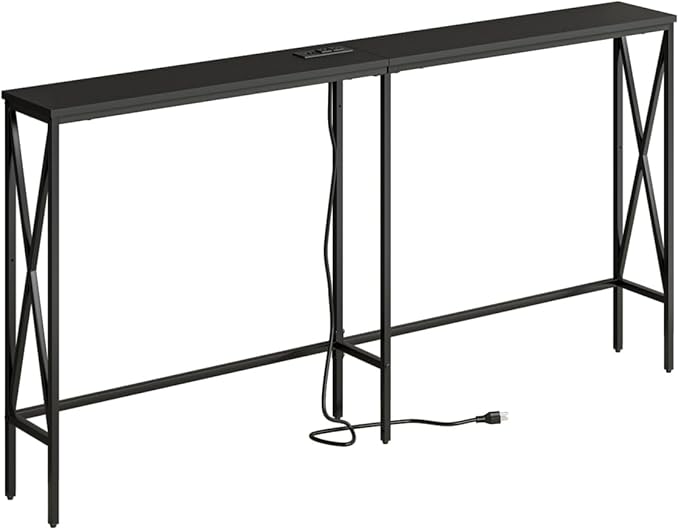 Masupu 63" Console Table with Power Outlet, Modern Narrow Long Sofa Table Behind Couch, Skinny Entry Table, Industrial Sofa Table with Metal Frame for Hallway, Living Room, Classic Black