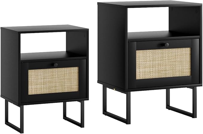 Masupu Rattan Nightstand,Boho Night Stand Modern Farmhouse Wood Bedside Table with Storage Drawer and Open Shelf,Side End Table for Bedroom,Living Room,Office Black