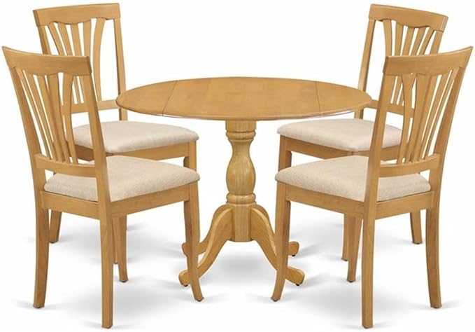 East West Furniture DMAV5-OAK-C 5 Piece Kitchen Table Set for 4 Includes a Round Dining Table with Dropleaf and 4 Linen Fabric Dining Room Chairs, 42x42 Inch, Oak