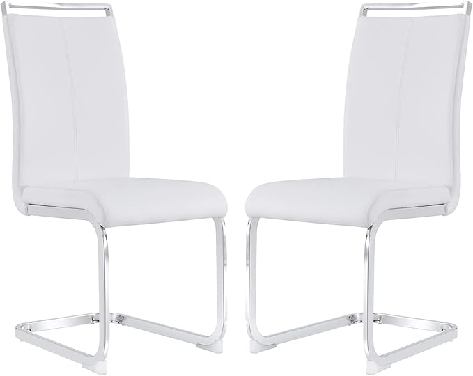 Dining Chairs Set, Kitchen Modern Metal Chairs with Faux Leather Padded Seat High Back and Sturdy Chrome Legs, Chairs for Dining Room (White, Set of 2)
