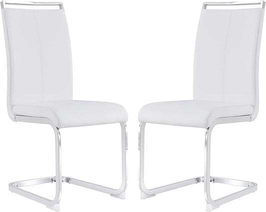 Dining Chairs Set, Kitchen Modern Metal Chairs with Faux Leather Padded Seat High Back and Sturdy Chrome Legs, Chairs for Dining Room (White, Set of 2)