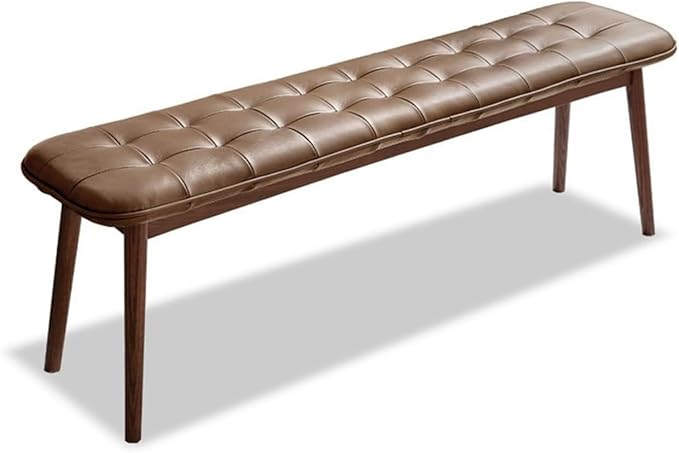 Upholstered Bench, 51.18 in Natural Oak Wood for Dining Table Bench for Living Room with Leather Cushion, End of Bed Footrest Stool Brown
