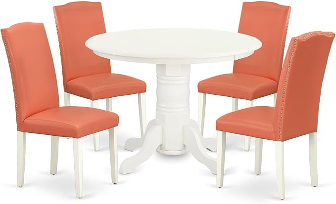 East West Furniture SHEN5-LWH-78 5 Piece Dining Room Furniture Set Includes a Round Kitchen Table with Pedestal and 4 Pink Flamingo Faux Leather Parson Dining Chairs, 42x42 Inch, Linen White