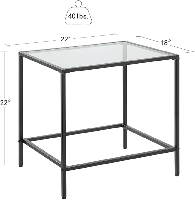 CAWS 22" W Black End Table, Tempered Glass Rectangle Side Table, Night Stand, Modern Minimalist Table, 21.97"L x 18"W x 22"H