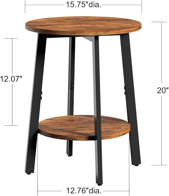 Side Table Set of 2, Small Round End Table with Storage Shelf for Small Space, 2-Tier Bedside Table Sofa Couch Table, Nighstands Set of 2 Accent Table for Living Room, Bedroom, Rustic Brown