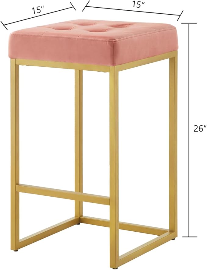 24KF Contemporary Counter Height Bar Stool Set of 2 for Kitchen Island, 26" H Velvet Padded Gold Barstool Bar Chair,5066-Blush