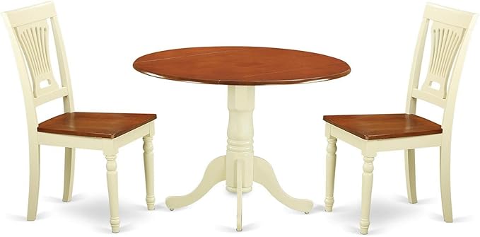 East West Furniture DLPL3-BMK-W 3 Piece Kitchen Table Set for Small Spaces Contains a Round Dining Table with Dropleaf and 2 Dining Room Chairs, 42x42 Inch, Buttermilk & Cherry