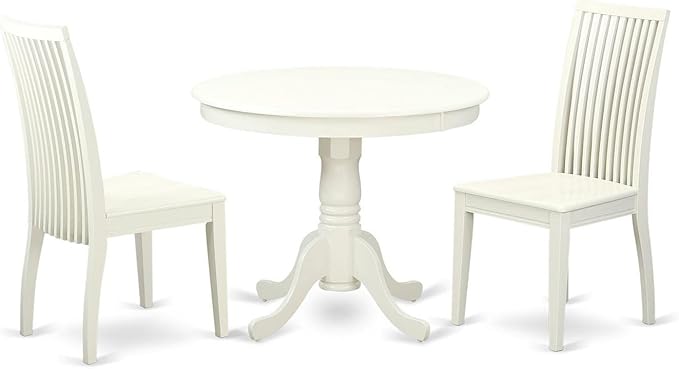 East West Furniture ANIP3-LWH-W 3 Piece Modern Dining Table Set Contains a Round Kitchen Table with Pedestal and 2 Dining Room Chairs, 36x36 Inch, Linen White