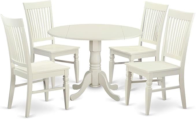 East West Furniture DLWE5-WHI-W 5 Piece Dining Table Set for 4 Includes a Round Kitchen Table with Dropleaf and 4 Dining Room Chairs, 42x42 Inch, Linen White