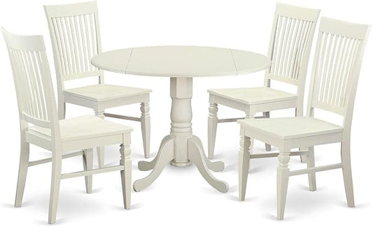East West Furniture DLWE5-WHI-W 5 Piece Dining Table Set for 4 Includes a Round Kitchen Table with Dropleaf and 4 Dining Room Chairs, 42x42 Inch, Linen White