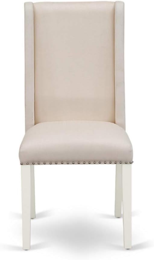 East West Furniture DLFL5-WHI-01 5 Piece Modern Dining Table Set Includes a Round Wooden Table with Dropleaf and 4 Cream Linen Fabric Parson Dining Room Chairs, 42x42 Inch, Linen White