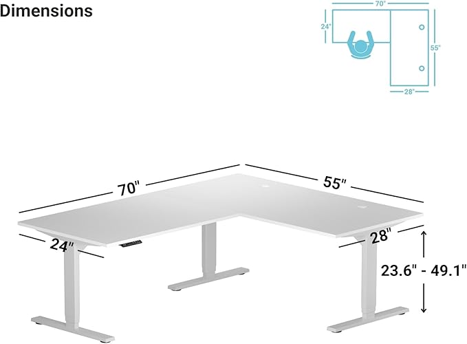 Progressive Desk Height Adjustable Computer Standing Desk - L Shaped 70" x 55" Corner Electric Stand Up Rising Workstation - Warm White, Gray Frame