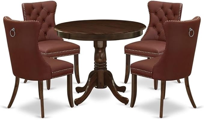 East West Furniture ANDA5-AWA-26 5 Piece Kitchen Table Set Includes a Round Dining Table with Pedestal and 4 Polyester Fabric Upholstered Parson Chairs, 36x36 Inch, Antique Walnut