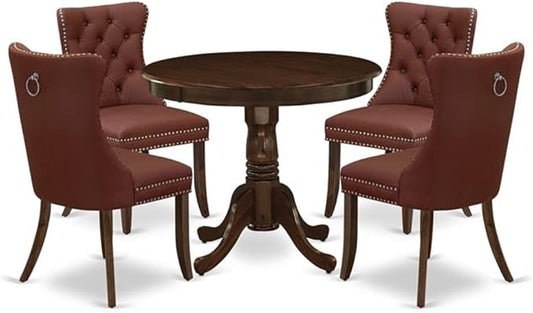East West Furniture ANDA5-AWA-26 5 Piece Kitchen Table Set Includes a Round Dining Table with Pedestal and 4 Polyester Fabric Upholstered Parson Chairs, 36x36 Inch, Antique Walnut