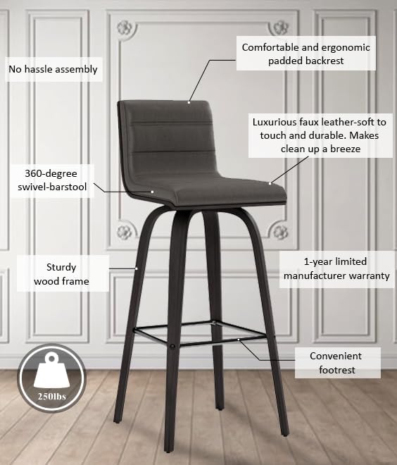 Armen Living Vienna 30" Swivel Bar Stool in Black Wood Finish with Gray Faux Leather - Set of 3