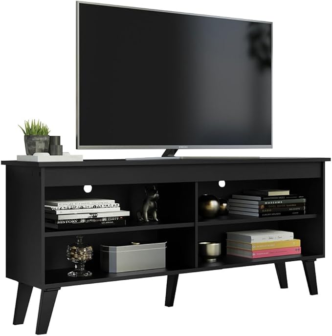 Madesa Compact TV Stand Cabinet with 4 Shelves and Cable Management for 50, 55 Inch TV Media Storage Unit Living Room and Bedroom Modern Wooden Television Media Console - Black