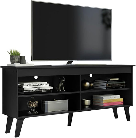 Madesa Compact TV Stand Cabinet with 4 Shelves and Cable Management for 50, 55 Inch TV Media Storage Unit Living Room and Bedroom Modern Wooden Television Media Console - Black