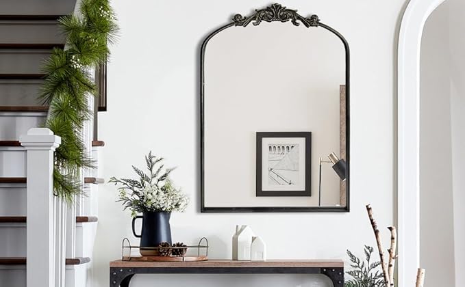 WAMIRRO Ornate Black Mirror,Vintage Arched Baroque Antique Mirorrs for Living Room Hallway Fireplace Bathroom Entryway 24"X36"