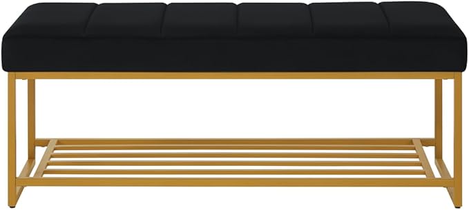 24KF Black Velvet Upholstered End of Bed Bench with Metal Shelf, Modern Tufted Channel Entryway Bench Footboard Bench for Living Room, Bedroom, Gold Bench,5036-Black