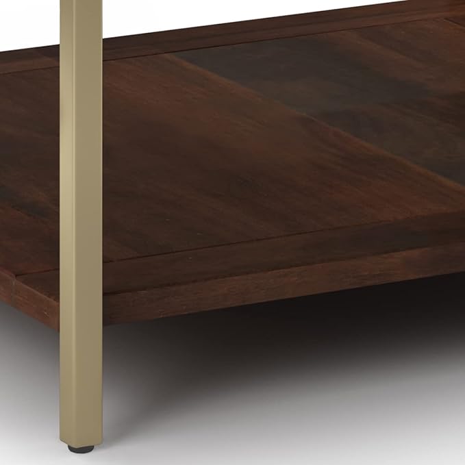SIMPLIHOME Skyler SOLID MANGO WOOD and Metal 34 inch Wide Square Industrial Coffee Table in Dark Brown / Gold for the Living Room and Family Room