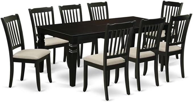 East West Furniture LGDA9-BLK-C 9 Piece Dining Room Table Set Includes a Rectangle Kitchen Table with Butterfly Leaf and 8 Linen Fabric Upholstered Dining Chairs, 42x84 Inch, Black