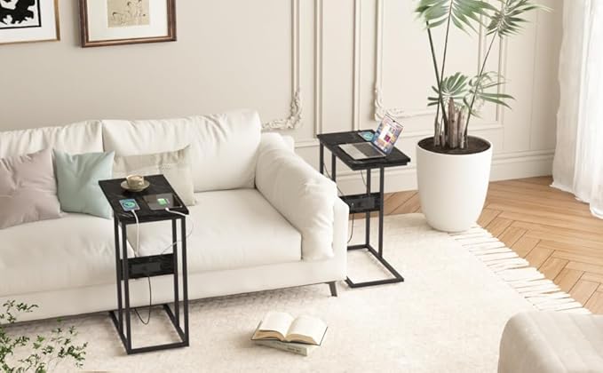 VECELO C Shaped End Side Table with Charging Station & Power Outlets for Couch Sofa/Bed Snack TV Tray with Metal Frame for Living Room Bedroom 1 Set, Black Marble