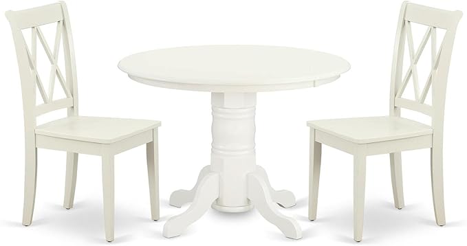 East West Furniture SHCL3-LWH-W 3 Piece Dining Table Set for Small Spaces Contains a Round Kitchen Table with Pedestal and 2 Dining Chairs, 42x42 Inch, Linen White