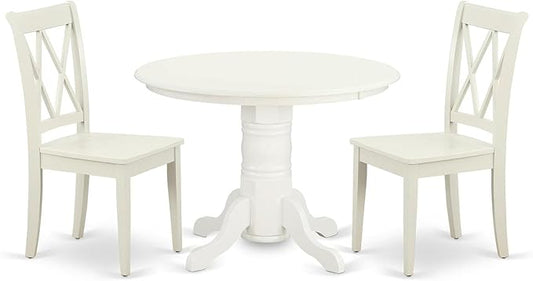 East West Furniture SHCL3-LWH-W 3 Piece Dining Table Set for Small Spaces Contains a Round Kitchen Table with Pedestal and 2 Dining Chairs, 42x42 Inch, Linen White