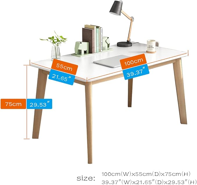 IOTXY Simple Wooden Writing Desk - Modern Minimalist Style PC Laptop Computer Workbench with Solid Wood Legs, 39" W Home Office Work Table for TV Stand Music Video Live Broadcast Workstation, White