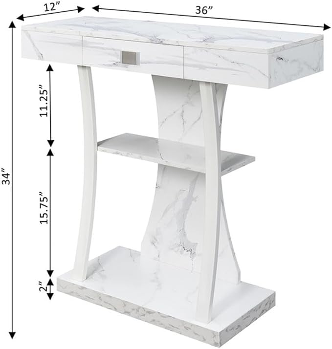 Convenience Concepts Newport Harri Console Table 36" - Modern Sofa Table with Storage Shelves, One Drawer Narrow Entryway Hall Table for Living Room, White Faux Marble/White