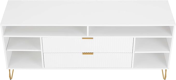 Manhattan Comfort Dumbo Mid Century Modern TV Stand for Televisions up to 60 Inches, Home Entertainment Center with Storage, 6 Shelves, 2 Drawers, No Tool Assembly, 63" Wide, White