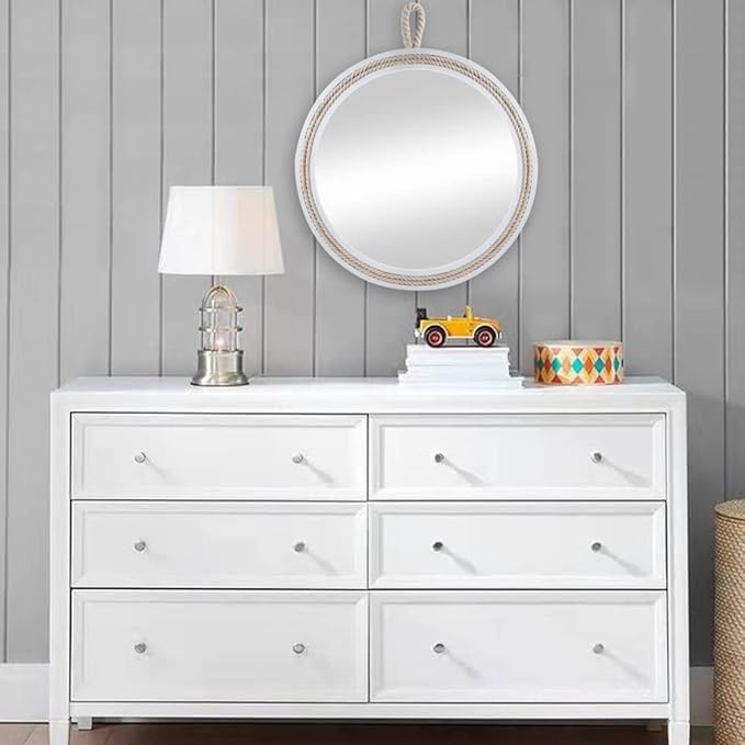 Small Decorative Mirror 11.4'' Round Hanging Mirror for Wall Nautical Rope Mirror for Bathroom Office Living Room All Occasions, White Round Rope,Mirror,Nautical Theme