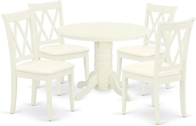 East West Furniture SHCL5-WHI-C 5 Piece Dining Room Table Set Includes a Round Kitchen Table with Pedestal and 4 Linen Fabric Upholstered Dining Chairs, 42x42 Inch, Linen White
