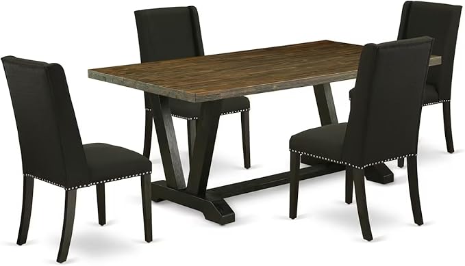 East West Furniture V677FL624-5 5 Piece Dining Set Includes a Rectangle Dining Room Table with V-Legs and 4 Black Linen Fabric Upholstered Parson Chairs, 40x72 Inch, Multi-Color