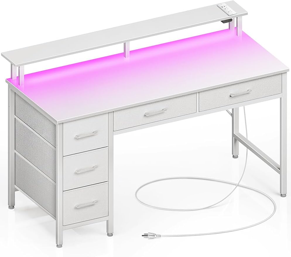 Seventable Computer Desk with Power Outlets & LED Light, 47 inch Home Office Desk with 5 Drawers, Writing Desk with Monitor Stand, Work Desk for Home Office, White