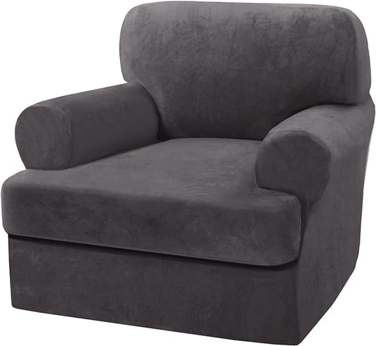 H.VERSAILTEX Sofa Cover 2 Piece T Cushion Armchair Slipcovers Thick Velvet Couch Cover Furniture Protector Stretch T Cushion Sofa Covers for 1 Cushion Couch with 1 Individual T Cushion Covers, Grey