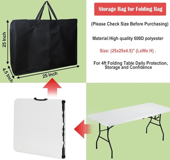 Folding Table Storage Bag, 25" D X 25" W X4.5 H Waterproof Heavy Duty Carrying Bag for 4ft Folding Tables, Picnic/Camp Tables Cover with Durable Zipper & Shoulder Strap, Black