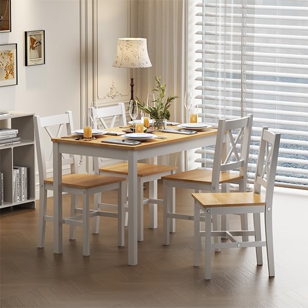 sogesfurniture Dining Table Set for 4，Dinette Set for 4 Small Space,5 Pieces Dining Table for Kitchen, Dining Room 42.5'', Pine Wood,Oak&White