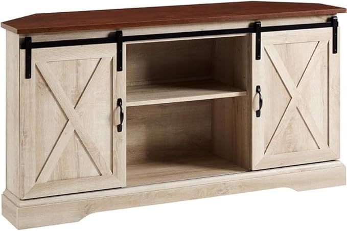 Walker Edison Everette Modern Farmhouse Double Sliding X Barn Door Stand for TVs up to 58 Inches, 52 Inch, Traditional Brown and White Oak
