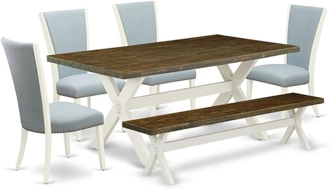 East West Furniture X077VE215-6 6 Piece Dining Table Set Contains a Rectangle Dining Room Table and 4 Baby Blue Linen Fabric Upholstered Chairs with a Bench, 40x72 Inch, Multi-Color