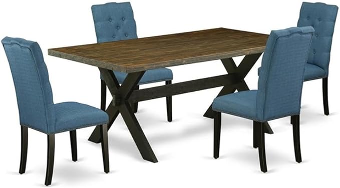 East West Furniture X677EL121-5 5 Piece Modern Dining Table Set Includes a Rectangle Wooden Table with X-Legs and 4 Blue Linen Fabric Upholstered Chairs, 40x72 Inch, Multi-Color