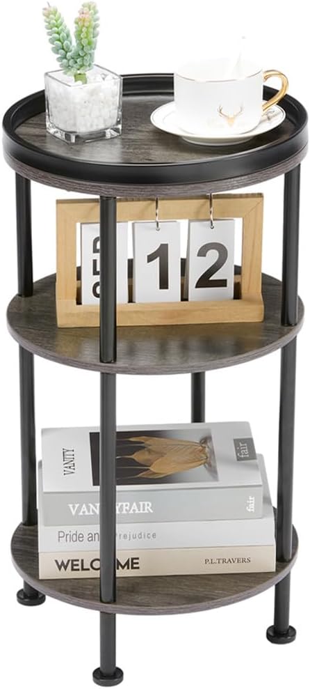 Small Round Side Table for Small Spaces, 3-Tier Round Accent Table Slim Side Table, Modern Sofa Corner Table for Living Room Nightstand Bedroom (Grey)