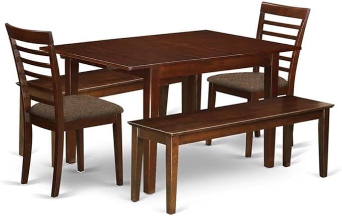 East West Furniture MILA5C-MAH-C 5 Piece Dining Set Includes a Rectangle Dining Room Table with Butterfly Leaf and 2 Linen Fabric Kitchen Chairs with 2 Benches, 36x54 Inch, Mahogany