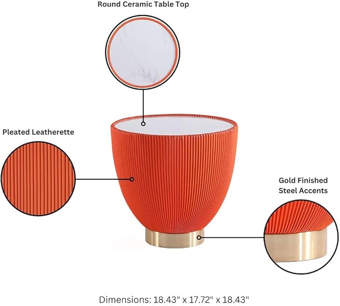 Manhattan Comfort Anderson Modern 18" Round End Table 2.0 | Ceramic Marble Tabletop, Elegant Pleated Leatherette Design & Gold Stainless Steel Base, Fully Assembled Accent Furniture, Set of 1, Orange