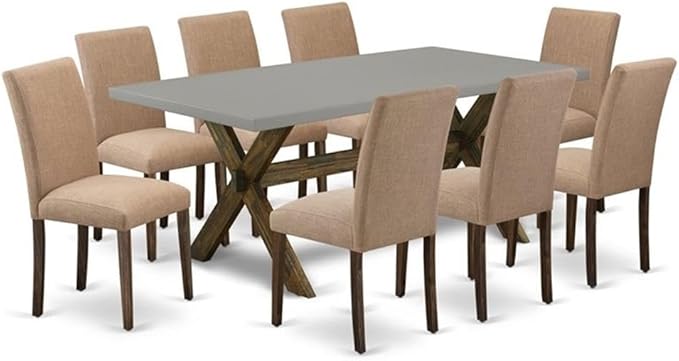 East West Furniture X797AB747-9 9 Piece Dining Room Set Includes a Rectangle Kitchen Table with X-Legs and 8 Light Sable Linen Fabric Upholstered Parson Chairs, 40x72 Inch, Multi-Color