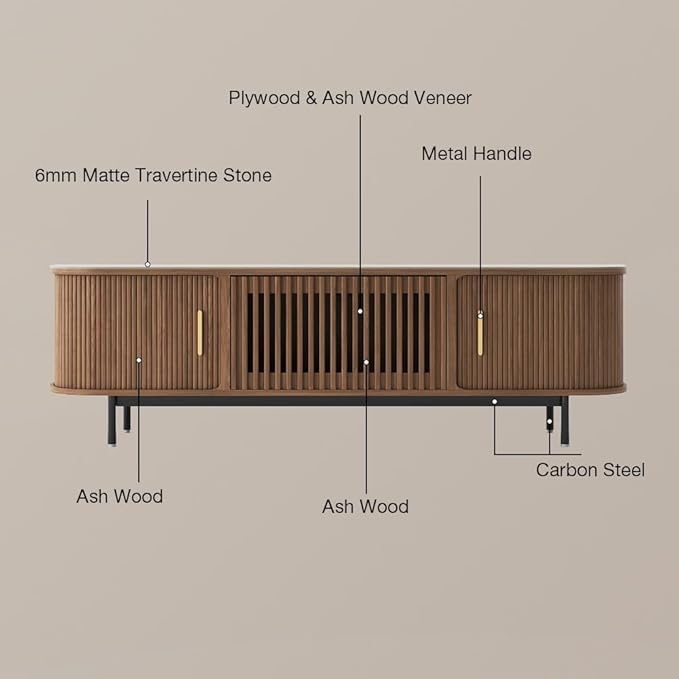 POVISON Sliding Tambour Door TV Stand, Mid Century Modern Sintered Stone TV Console, Wood Media Console for 85 Inch TV, Entertainment Center with Storage Cabinet, Fully-Assembled (Walnut, 94.49")
