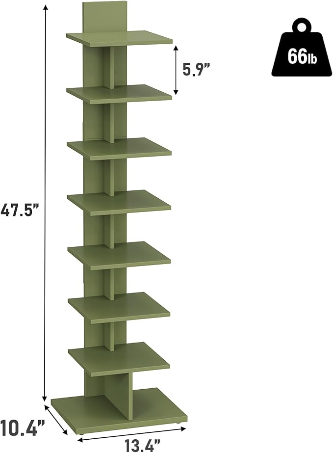 TUTOTAK Bookshelf, 8-Tier Bookcase, Narrow Spine Book Shelf for Small Space, Corner Standing Shelf for Living Room, Office, Study, Entryway, Olive Green BS06BOG008