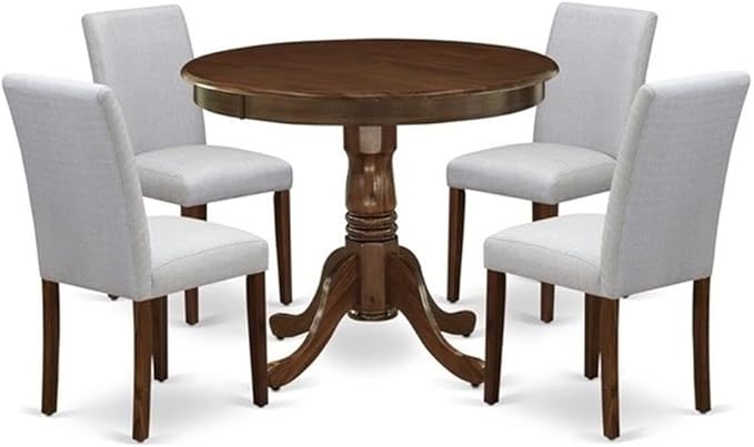 East West Furniture ANAB5-AWA-05 5 Piece Kitchen Table & Chairs Set Contains a Round Dining Room Table with Pedestal and 4 Upholstered Chairs, 36x36 Inch, Antique Walnut
