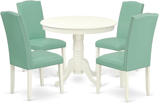 East West Furniture ANEN5-LWH-57 5 Piece Dining Room Table Set Includes a Round Kitchen Table with Pedestal and 4 Pond Faux Leather Parsons Dining Chairs, 36x36 Inch, Linen White